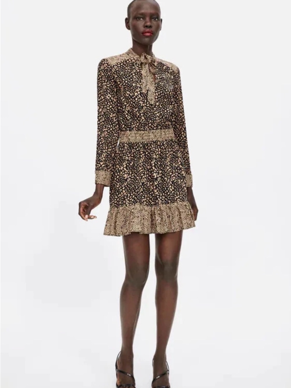 Zara Brown Leopard-Print Tie-Neck Mini Dress Sz Large - Picture 1 of 11